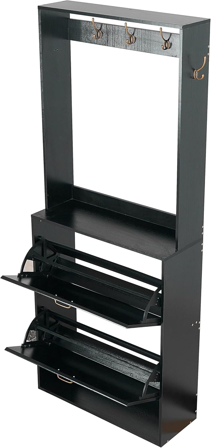 Betoko Hall Tree with Shoes Storage,Farmhouse Corner Coat Rack with 5 Coat Hooks, Wooden Entryway Tree Cabinet with 2 Shoes Cabinets for Hallway Mudroom, Black