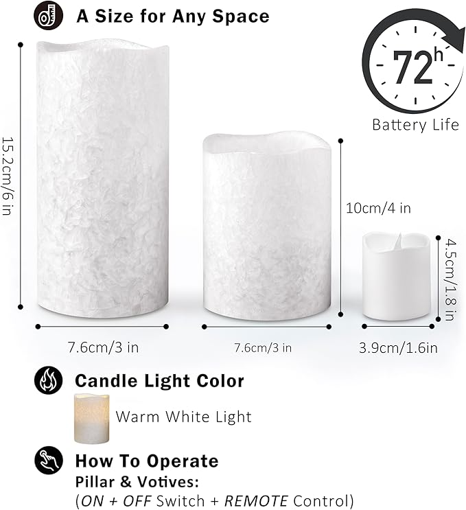 FURORA LIGHTING White Crystallized Real Wax LED Candles with Remote and 6/18 Timer, 4 Pillars and 4 Votives Pack of 8, Flameless Flickering Candles for Home Décor, Battery Included