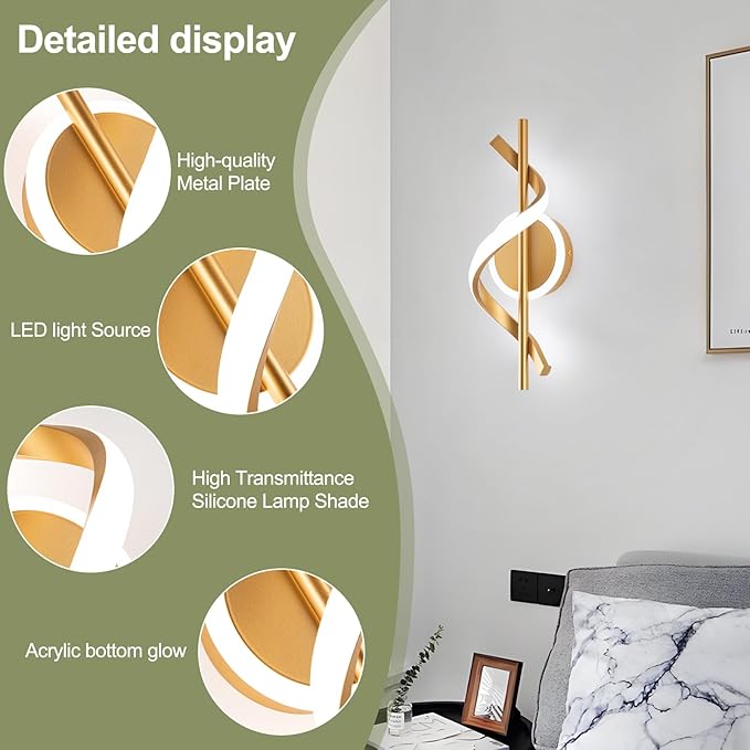 LED Wall Sconces Indoor, 12W LED Wall Mount Lights, Modern Spiral Wall Lamp, 6000K Cold Light Fixture for Stairs, Living Room, Bedroom, Aisle, Hallway (Cold White, Gold)