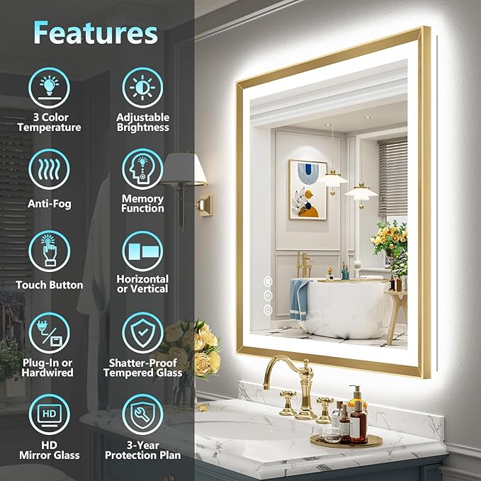 28x36 Gold Beveled LED Bathroom Mirror with Lights, Brushed Gold Framed Backlit and Front Lit Anti-Fog Lighted Vanity Mirrors for Bathroom Wall, Dimmable, 3 Colors, Memory, HD Tempered Glass