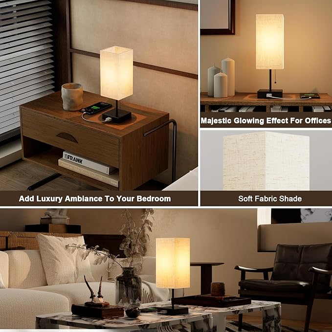 Table Lamp for Bedroom,Nightstand Lamp for Bedside with AC Outlets,Adjustable 3color LED Light Desk Lamp for Home Decor,Included Bulb and Lamp Shade (Linen White-onlyAC, 1PCS)