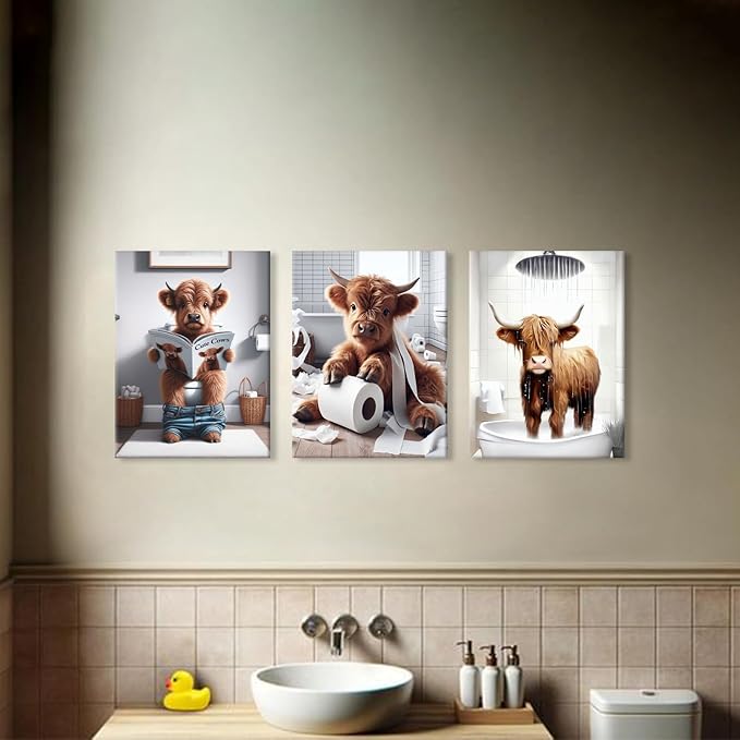 Funny Highland Cow Wall Art,Western Bathroom Decor Wall Art,Funny Bathroom Artwork Ready to Hang for Bedroom Restroom Toilet,12x16inchx3pcs,Framed