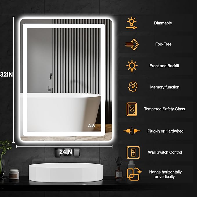 LED Bathroom Vanity Mirror 32"x24" with Lights, Front and Back Lit Wall Mirror, Anti Fog, Dimmable 3 Color Light, Memory Function, Shatterproof Glass, Plug in or Hardwired