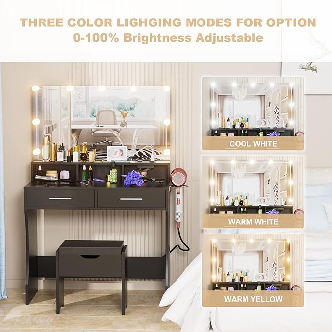 Makeup Vanity with Lighted Mirror & Outlet Charging Station, Vanity Set Makeup Table with Hair Dryer Holder, 3 Lighting Colors, Brightness Adjustable, 31.5in(W)