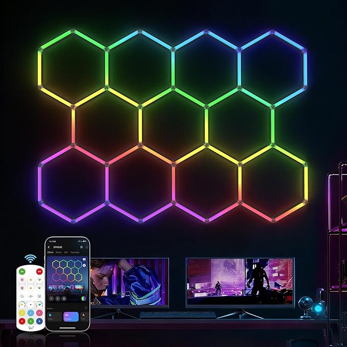HYPERLITE Hexagon Garage Lights: 11 Grid RGB Hexagon LED Lights with Music Sync Mode, App & Remote Control, Multi-Color Honeycomb Light for Gaming Room, Gym, Garage