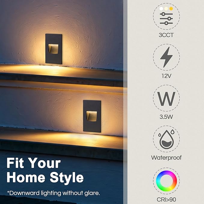 FTL Stair Lights Indoor LED Outdoor Step Lights, 12V Low Voltage 3000K/4000K/5000K Color Changing 3.5W 150LM Stairway Lighting, Waterproof Vertical Deck Step Lights Black Aluminum, 6-Pack