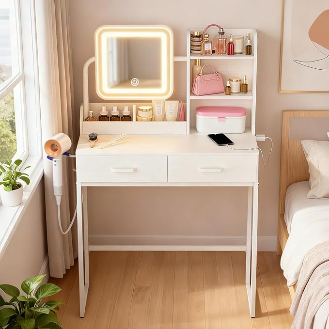 Compact Makeup Vanity for Girls with Mirror and Lights, White Vanities Desk with 2 Drawers and Charging Station, Modern LED Lighted Bedroom Dressing Table