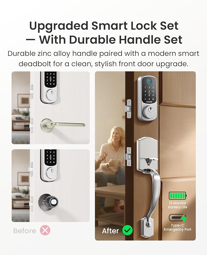 DESLOC B200 Fingerprint Front Door Lock Set with Durable Handleset, Keyless Entry Deadbolt, Electronic Keypad, App Control, Easy Installation, Designed for a Modern and Stylish DESLOC Home, Silver