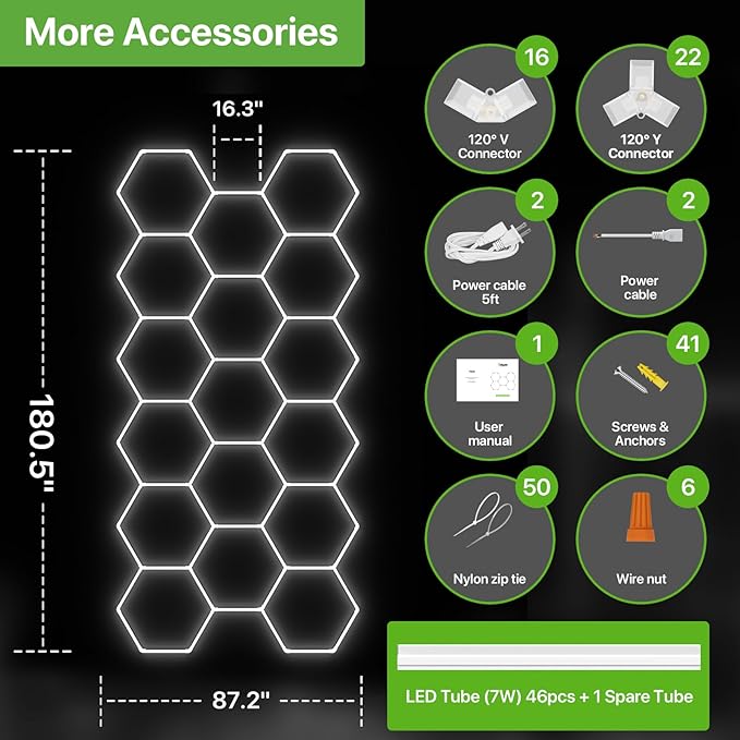 Glitgate Hexagon Garage Lights, Car Detailing & Gym, 476W 52360LM LED Shop Light, 6500K Hexagon Ceiling Light Grid, Modern LED Ceiling Light for Showroom Barber Shop