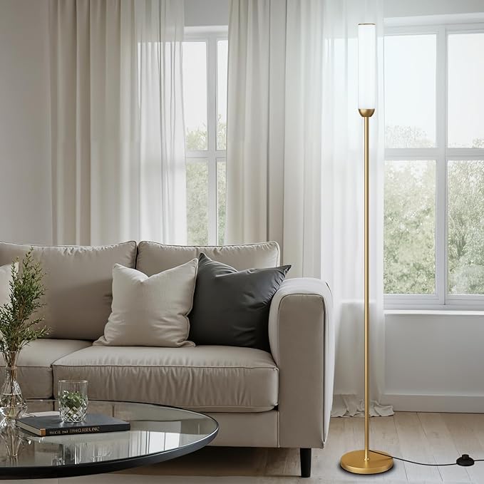 Ambimall LED Floor Lamp with Remote Control, 65" Standing lamp with Stepless Adjustable 3000K-6500K Colors & 30-100% Brightness, Foot Switch(Gold) (Pack of 2)
