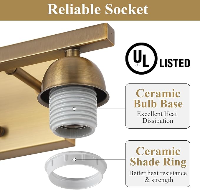 Milk Glass Vanity Lights for Bathroom, 2 Light Brass Bathroom Light Fixtures Over Mirror, Ceramic E26 Sockets Wall Mounted