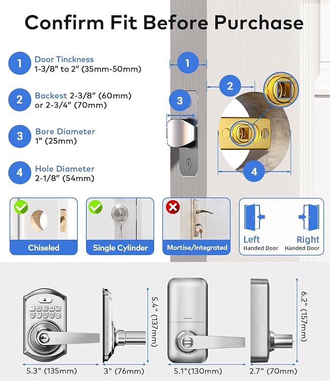 TEEHO TE019 Smart Keyless Entry Door Lock with Handle, App Control, Digital Electronic Keypad, Remote One-Time Code Sharing, Auto Lock & Passage Mode, for Bedroom & Rental, Satin Nickel