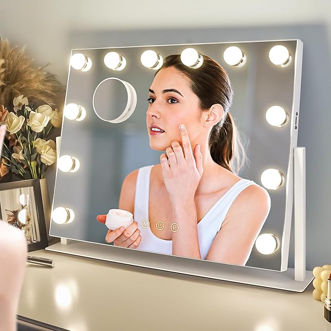 Kottova Vanity Mirror with Lights, LED Makeup Mirror, Lighted Makeup Mirror with 10X Zoom Mirror, Smart Touch 3 Colors Dimmable,360° Rotation,Suitable for Vanity Desk & Tabletop, White(19.6"x15.7")