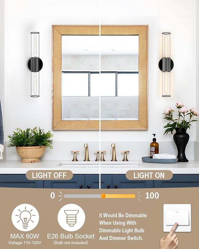 Bathroom Vanity Light Fixture, 2-Light Black Wall Sconce Lighting Fixture with Clear Glass, Indoor E26 Stocket Wall Lamp for Mirror Living Room Hallway(Bulb Not Included)