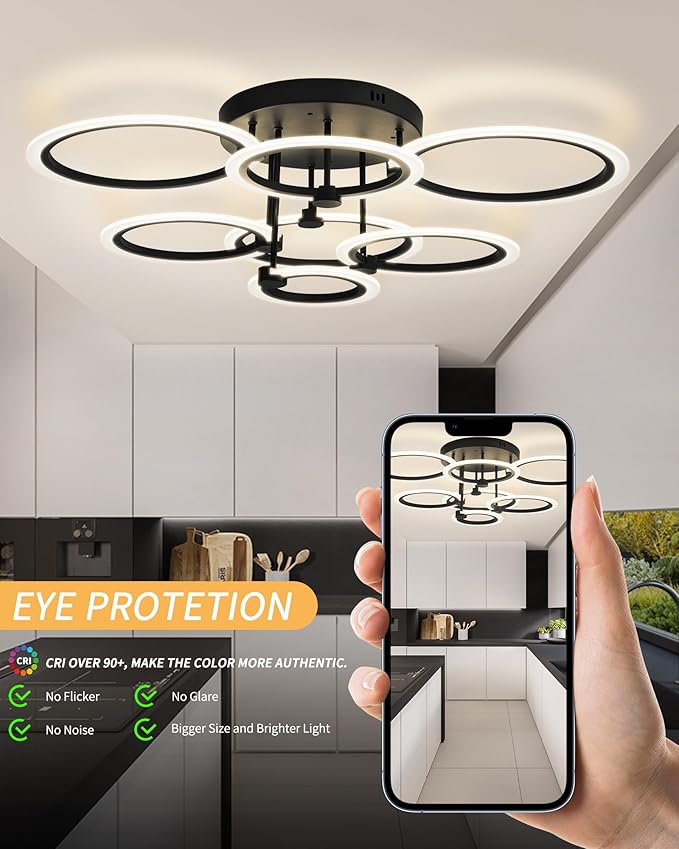Modern LED Ceiling Light 7 Rings Dimmable Fixtures with Remote Black Close to Ceiling Light 31.8" 130W 3000K-6500K Flush Mount Ceiling Lamp for Living Room,Bedroom,Kitchen