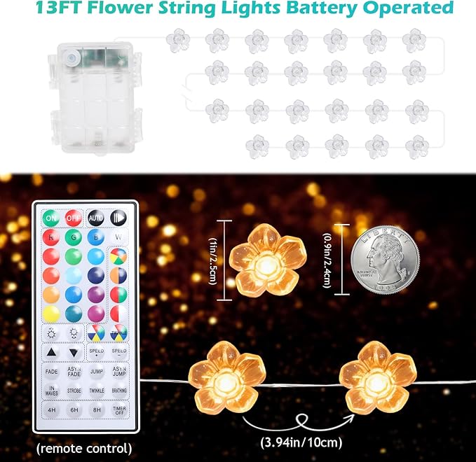 Vigdur Cherry Blossom Lights, 13 FT 40 LEDs Multicolor Flower String Lights Battery Operated with Remote&Timer, 20 Lighting Modes Pink Flower String Lights for Bedroom Party Wedding Décor