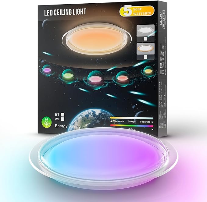 1-Pack, 21 inch Smart LED Music Ceiling Light with Bluetooth Speaker, Compatible with Alexa & Google Home, Color Changing RGB Dimmable Light for Living Room, Bedroom, Kitchen