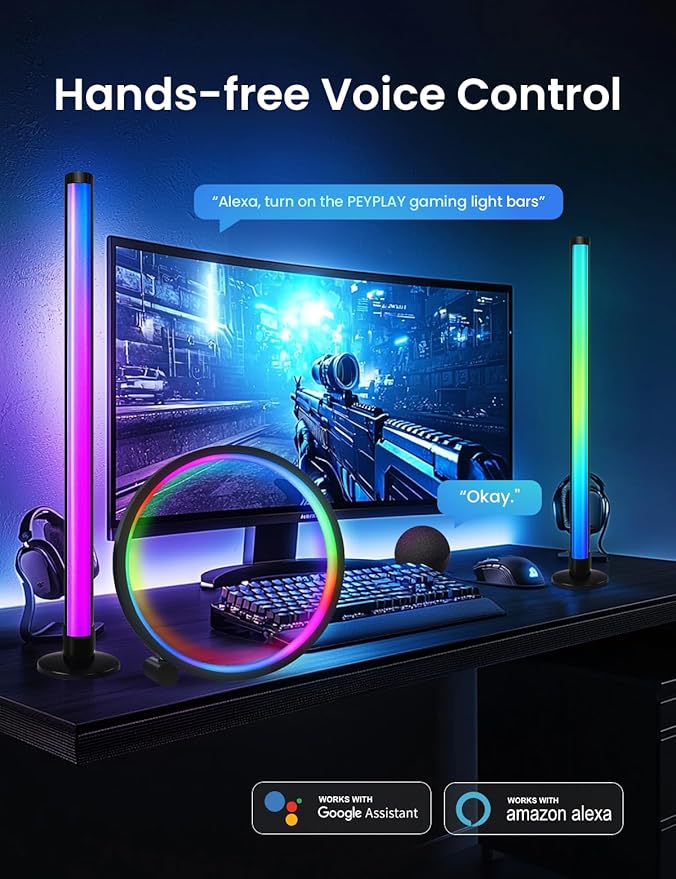 Smart LED Table Lamp + Light Bars Kit, RGB+IC Ambient Lighting with Music Sync, DIY Mode, Stepless Dimming, App & Voice Control (2.4GHz WiFi), Works with Alexa & Google, for Bedroom, Gaming