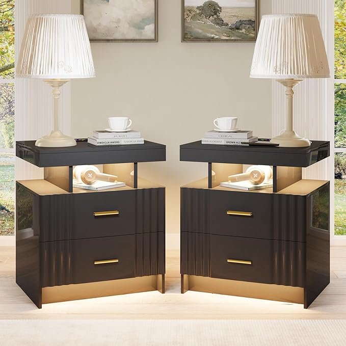 Nightstand with Wireless Charging Station,Set of 2 Bedroom Bedside Table with RGB Lights, Smart Night Stand with 2 Drawers, Bedside Tables Modern Bedside Table for Bedroom, Living Room(Black)