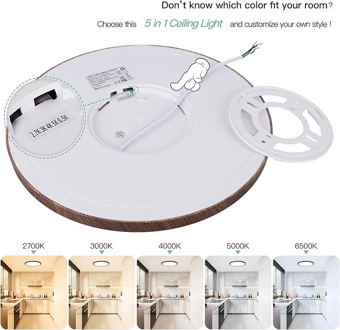 Brightever 2 Pack LED Flush Mount Ceiling Light, 12 Inch 24W, Super Slim 0.67 Inch 3200LM Ceiling Light Fixture Walnut Wood Color, Dimmable & 2700K-6500K 5 Color in One Ceiling Lamp for Farmhouse