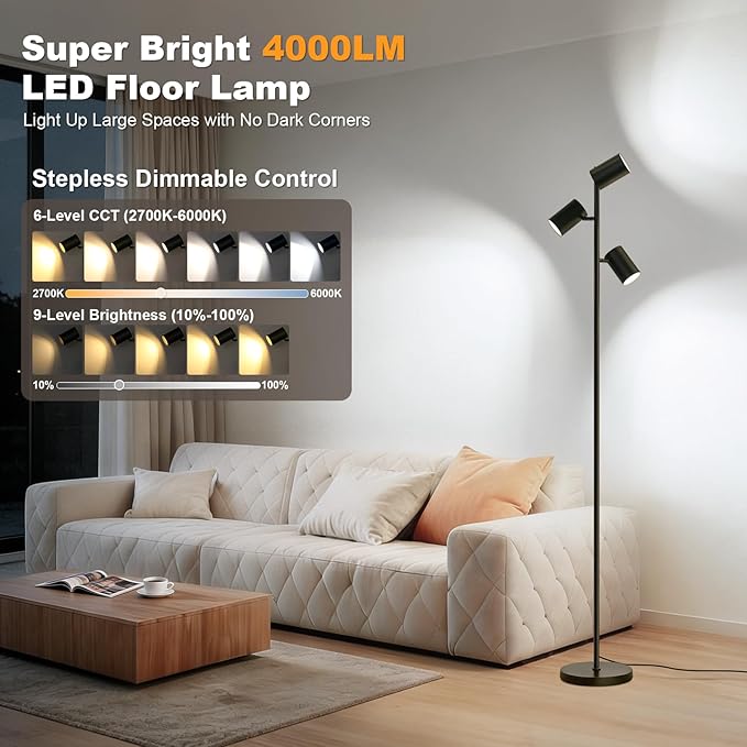 4000LM LED Tree Floor Lamp, 36W Super Bright Reading Lamp with Remote, Dimmable Tall Standing Light with 3 Rotatable Heads & 6 Color Temperatures, Modern Floor Lamps for Living Room Bedroom Office