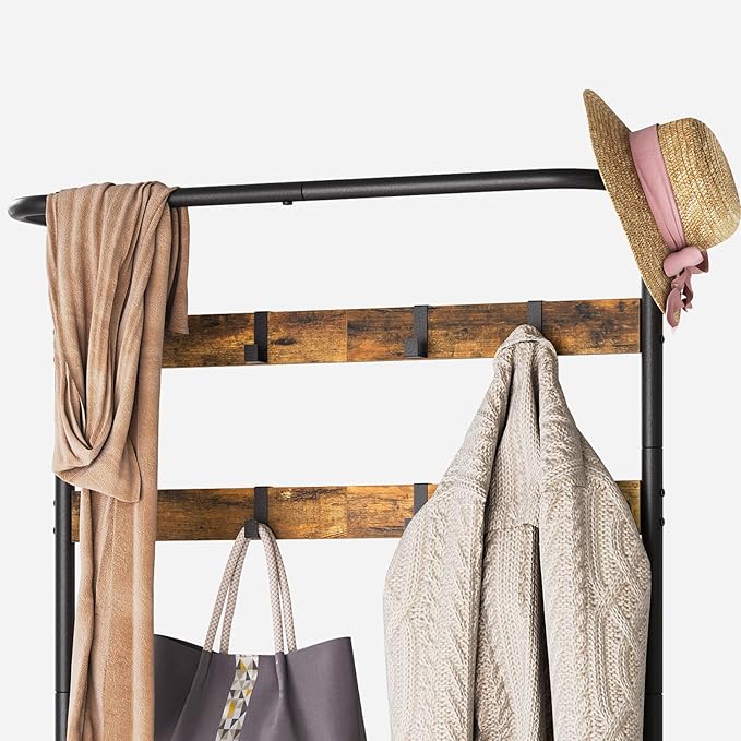 Hall Tree, Coat Rack with Shoe Bench, 4-in-1 Entryway Bench with Storage Shelves, Hanging Rod and 8 Movable Hooks, Hall Tree with Storage Bench for Hallway, Rustic Brown and Black MT02BR