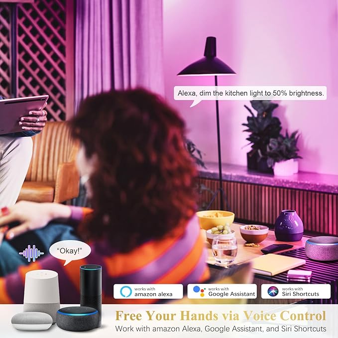 DiCUNO Smart Light Bulbs, Full Color Changing Bulb, Compatible with Alexa, Google Assistant, No Hub Required, RGBCW Multicolor Dimmable Smart LED WiFi Bluetooth A19 E26 9W 800LM Lights, 6-Pack