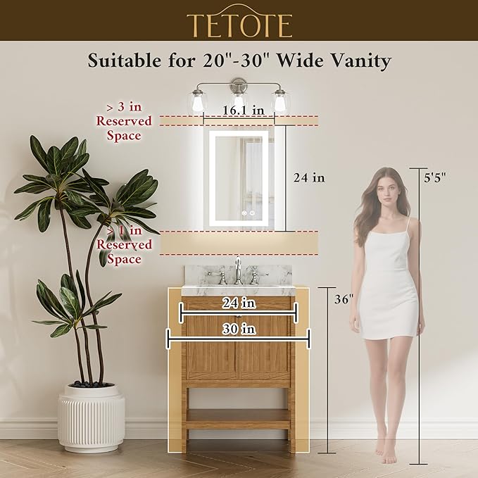 TETOTE LED Bathroom Mirror 16 x 24 Inch Brighter Light up Mirror for Bathroom Vanity, Front and Backlit Lighted Anti-Fog Wall Mirror with Lights, 3-Color Dimmable, Waterproof, Tempered Glass