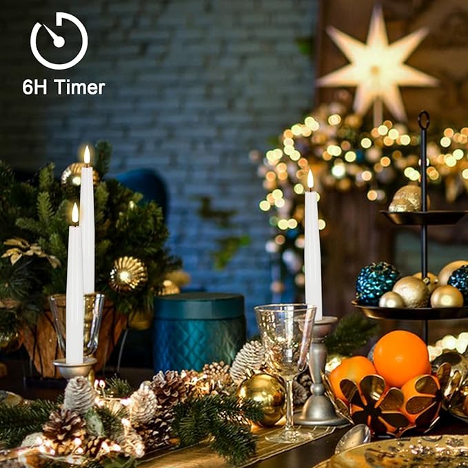 Flameless Taper Candles, Real Wax Flickering Taper Candles Battery Operated with 6H Timer, 4 Pcs White LED Flameless Candlesticks for Halloween Christmas Holiday Wedding Decor