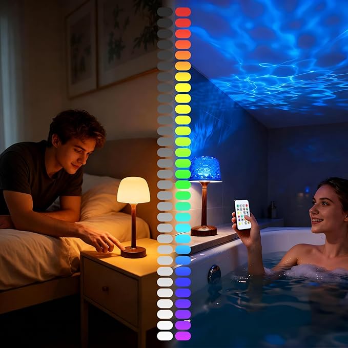 Shower Light, Spa-Like Waterproof Bathroom Shower Lamp with 16 Color Ocean Wave Projector, Rechargeable Cordless Light with Touch & Remote Control, Bathroom Lamp for Inside Shower & Bathtub