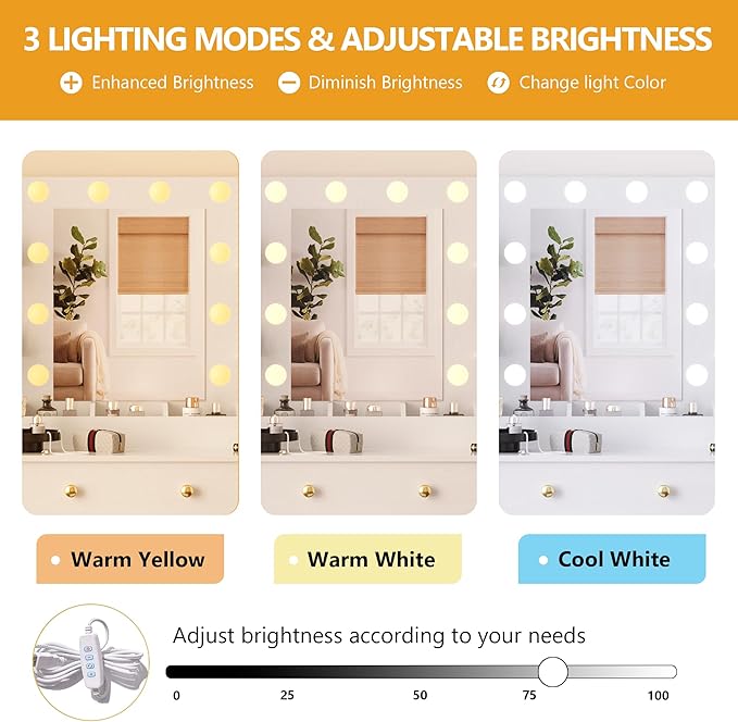 Makeup Vanity Desk with Mirror and Lights, 43" White Vanity Set with 3 Drawers, Power Outlet & Adjustable RGB LED Lights, Dressing Table with Storage Shelf for Women & Girls Bedroom