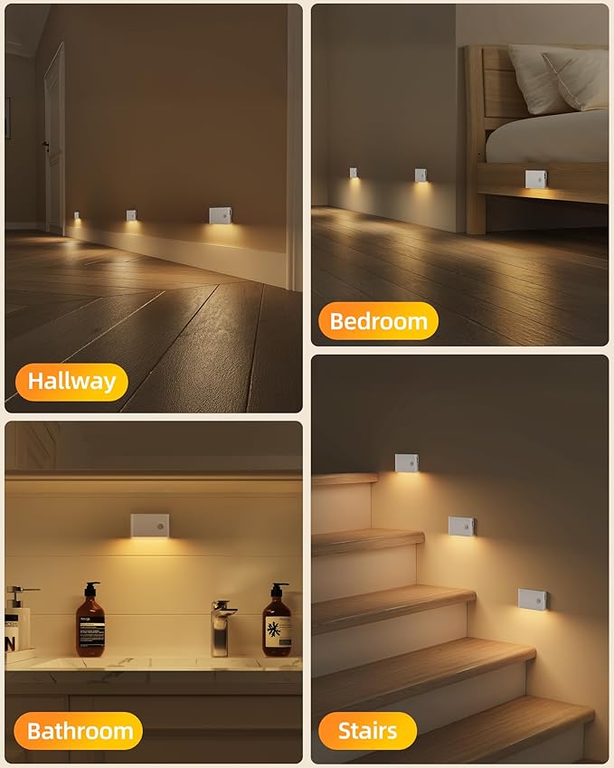 EZVALO Motion Sensor Light Indoor, 1500mAh Rechargeable Stair Lights, Magnetic & Dimmable, 3000K Soft White, Wireless Night Lights for Hallway, Stairway, Bathroom, 4 Pack with Charging Station