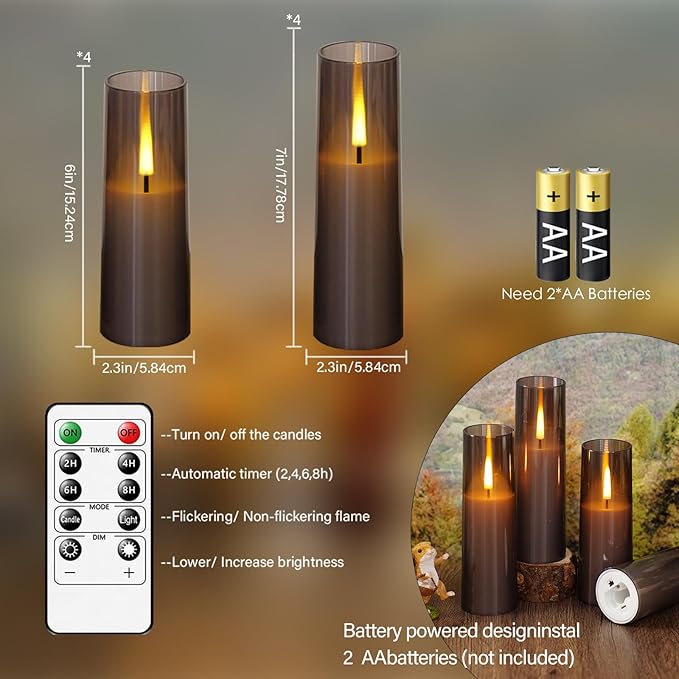 8 Packs Flameless Candles, Battery Operated with Remote, Arcylic Ribbed LED Flickering Candles, Realistic Dancing Flame Pillar Candles for Home, Wedding, Christmas Party D2.2 (Grey)