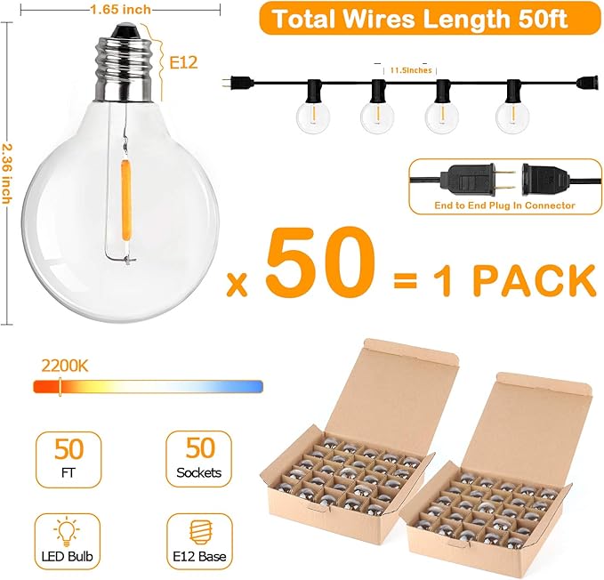 VerRon 50FT LED G40 Globe String Lights, Shatterproof Outdoor Patio String Lights with 50+2 Dimmable Edison Bulbs, 50 Backyard Hanging Bistro Light Waterproof for Balcony Party Wedding Market Cafe