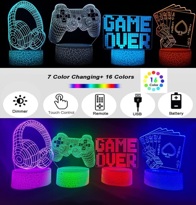 3D Gamepad Night Light with 4 Patterns 3D Hologram Illusion, Dimmable Remote Control, 16 Color Changing LED, Room Decor Earphone Bedside Desk Lamp, 3D Game Over Lamp for Game Lovers