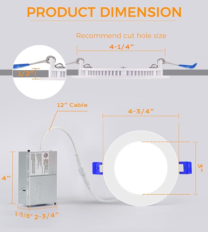 CLOUDY BAY 4 inch 3000K/4000K/5000K Three Color Temperature Selectable, Dimmable 10W CRI 90+, IC Rated,Ultra Thin Recessed Downlight with Junction Box, Canless Wafer Downlight,White Finish, 12 Pack