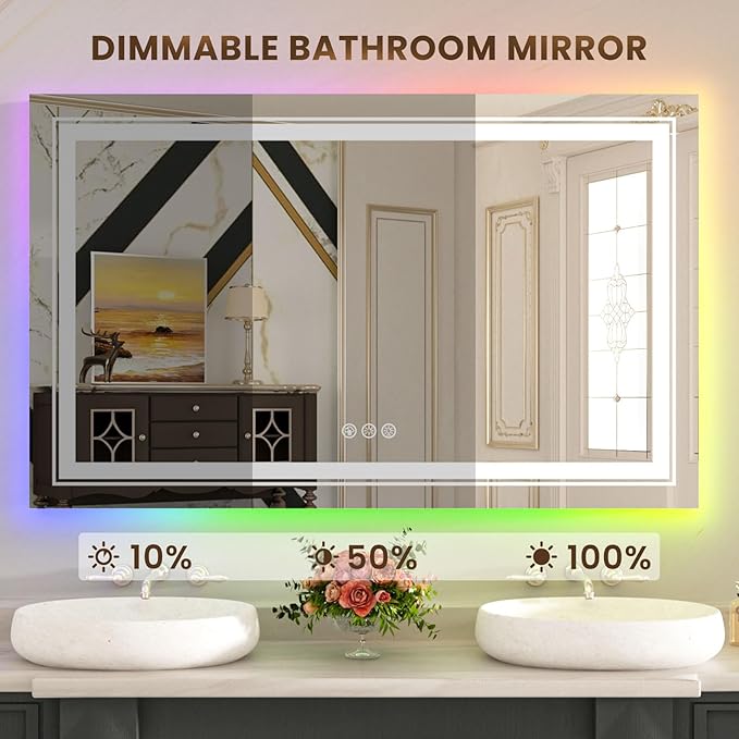 WTTY LED Bathroom Mirror 40"x32" with RGB Backlit and Front Light,Stepless Dimmable LED Mirror for Bathroom,Lighted Bathroom Vanity Mirror,Anti-Fog,Memory Function,Shatter-Proof,Wall Mounted