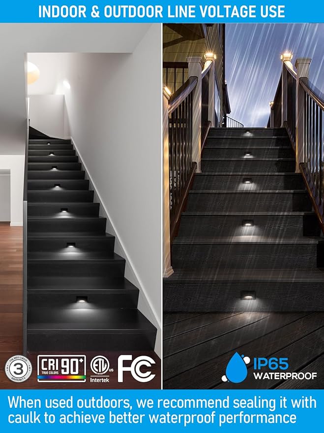 LEONLITE 12-Pack Black 5CCT 120V LED Step Lights, 150LM 5%-100% Dimmable Stair Lights Indoor Outdoor IP65 Waterproof, Aluminum Anti-Glare Shell, CRI90 ETL 2700K/3000K/3500K/4000K/5000K