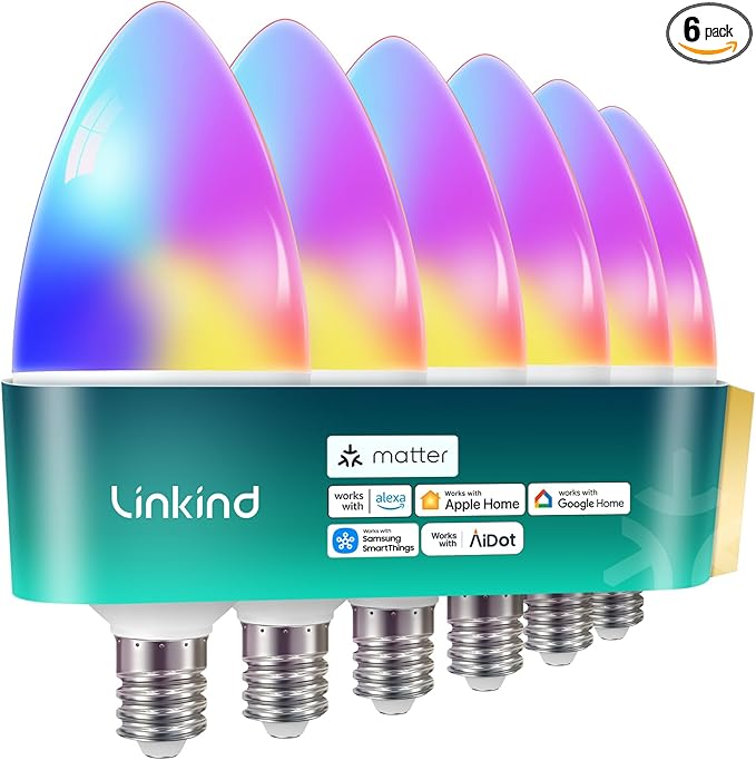 Linkind Matter Smart Bulbs, E12 Led Bulb Works with Alexa/Apple Home/Google Home, 2.4Ghz WiFi RGBTW Smart Light Bulbs, 6 Pack