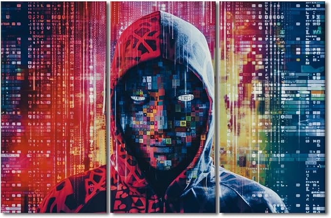 TUMOVO 3 Panel Canvas Wall Art Hacker in Mask on Dark Background with Digital Effects Pictures Print on Canvas Artwork for Home Office Decorative Stretched Framed Ready to Hang, 60" Wx40 H