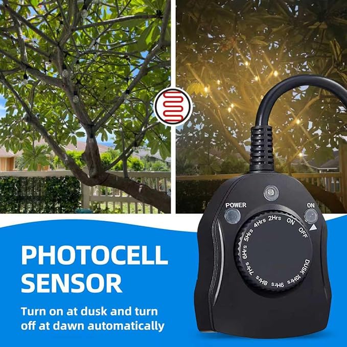 Outdoor Timer Outlet Waterproof, Dusk to Dawn Light Sensor Timer, 2 Grounded Electrical Outlets for Outdoor Lights, 15A/1875W, ETL Listed (2 Packs)
