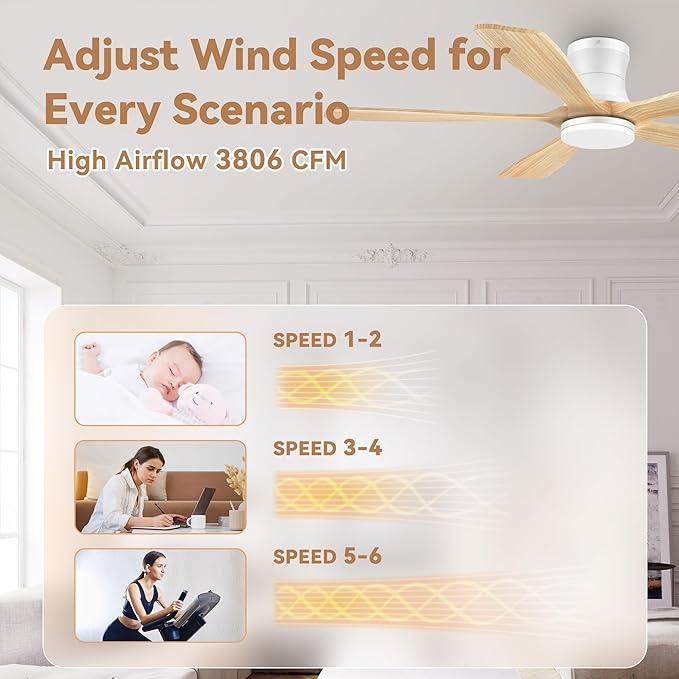 GentleBreeze 52In Wood Smart Low Profile Ceiling Fans with Lights Remote,Control via WIFI Alexa Google App,6 Speed,Quiet DC Motor,Flush Mount Outdoor Indoor Ceiling Fan for Modern Bedroom Patio Porch