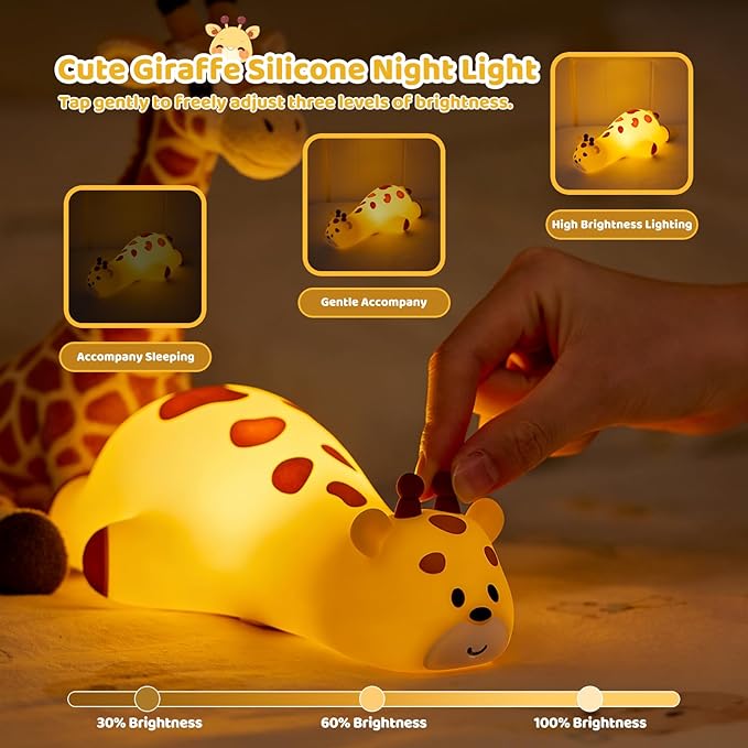 Lying Giraffe Silicone Night Light 3 Levels Dimmable Bedside Touch Lamp Rechargeable LED Bedside Lamp with 30 Minutes Timer & Tap Control Funny Gifts for Room Decoration Living Room Decor