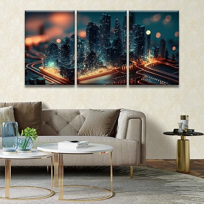 LSIUHWUWI Wall Art for Living Room 3 Panel Smart City on Circuit Board Pictures Posters Contemporary Wall Decor for Home Office Hotel Wall Wooden Framed Ready to Hang 16x24inchx3