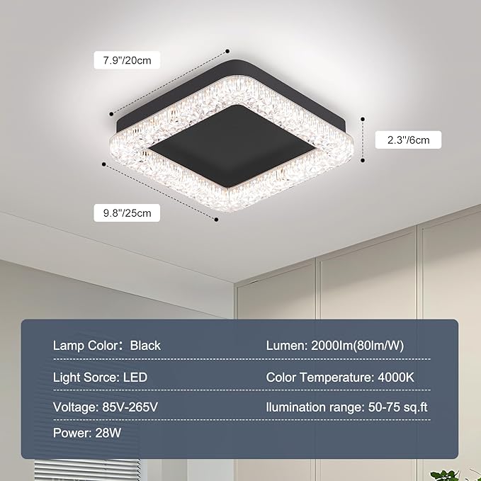 10 Inch LED Hallway Light Fixtures, 4500K Black Modern Flush Mount Ceiling Light, Square Acrylic Close to Ceiling Lighting Fixtures for Hallway Bedroom Entryway Kitchen Ceilings Lamp (Square)