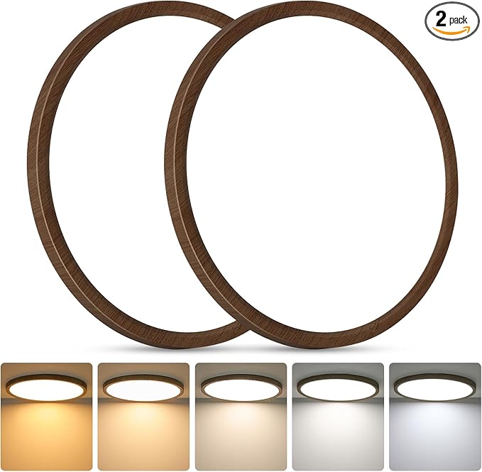 Brightever 2 Pack LED Flush Mount Ceiling Light, 12 Inch 24W, Super Slim 0.67 Inch 3200LM Ceiling Light Fixture Walnut Wood Color, Dimmable & 2700K-6500K 5 Color in One Ceiling Lamp for Farmhouse