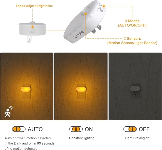 Lyridz 120LM Ultra Bright Plug-in Motion Sensor Night Light, Stepless Dimmable LED Nightlight, Always-On and Auto-Off, for Hallway, Stairs, Bathroom, Bedroom, Garage, Amber (2-Pack)