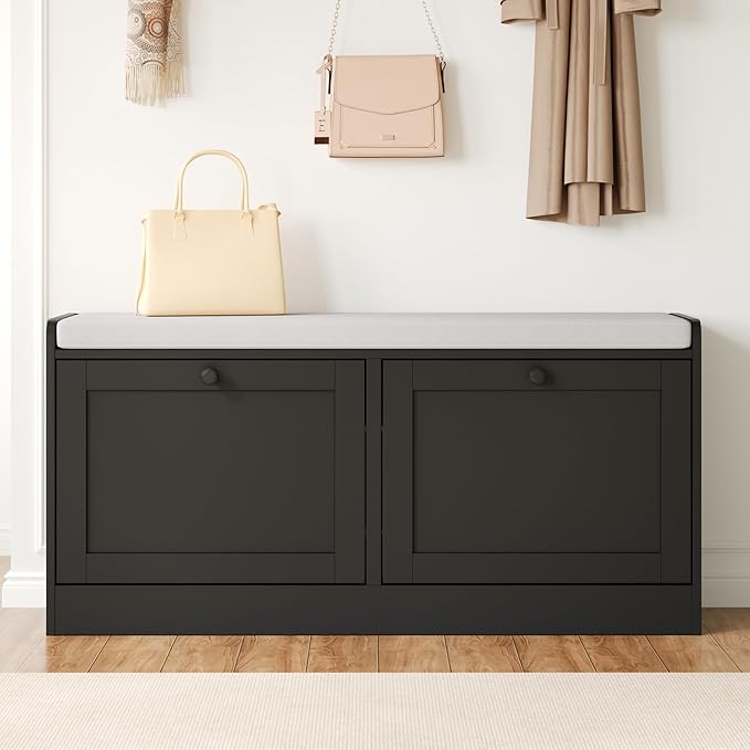 Modern Shoe Storage Bench fits up to Shoe Size 16, Entryway Bench with 2 Flip Drawers and Padded Seat Cushion, Wooden Shoe Bench with Storage for Entryway, Hallway, and Apartment, Black
