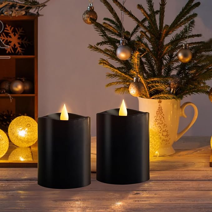 3x4 Flickering Flameless Candles Set of 2, 2AA Battery Life 600 Hours Battery Candles Flickering with Timer,4 inch Flameless Candles with Remote for Home Wedding Party Halloween Decoration, Black
