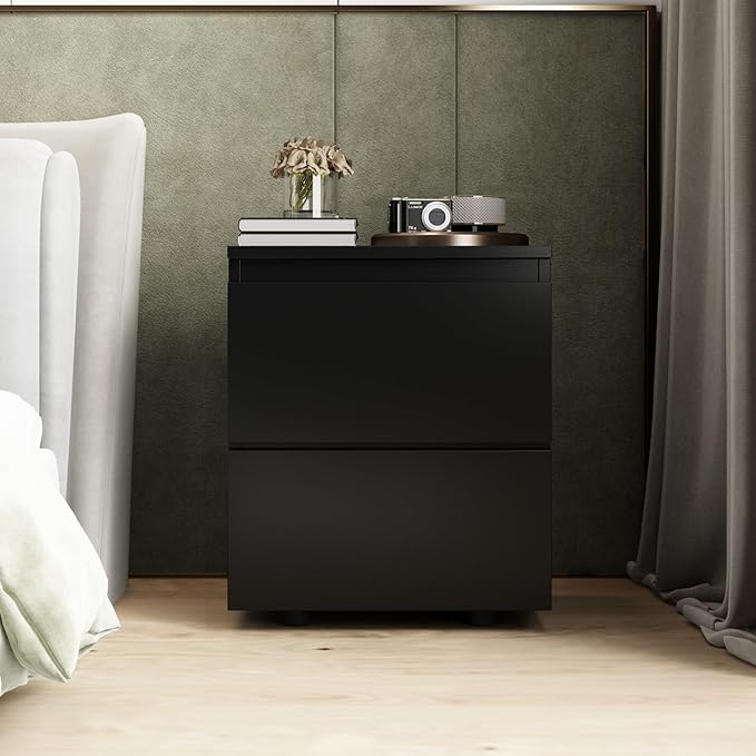 FAMAPY Modern Nightstand with 2 Drawers, Bedroom Storage Cabinet, Modern End Side Table, No Handle Design, for Living Room Black 15.7”W x 11.6”D x 18.9”H